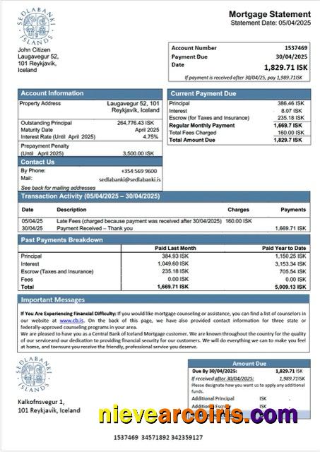 Iceland Central Bank of Iceland mortgage statement Word and PDF template